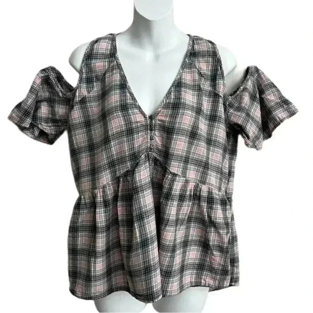 MELROSE AND MARKET Women's Cold Shoulder Plaid Top | Pink and Blue | Size M